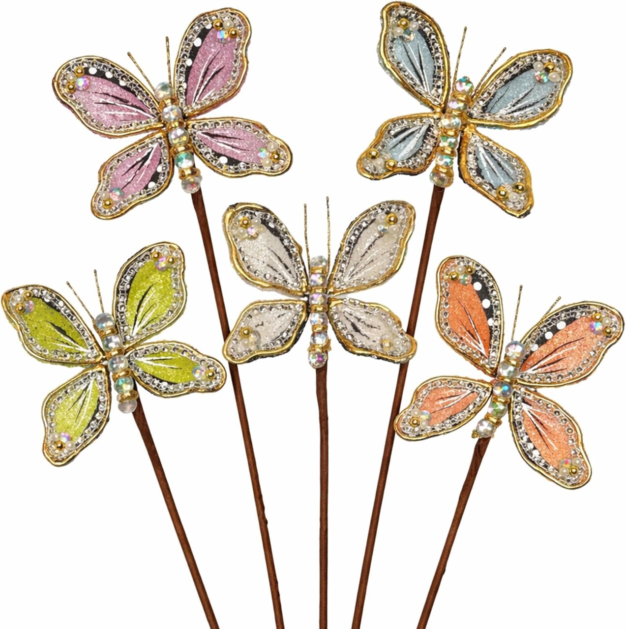 Jeweled Butterfly Floral Picks - Spring Easter Wedding Decor, Set of 5 - Final sale / Non-returnable and Non-refundable